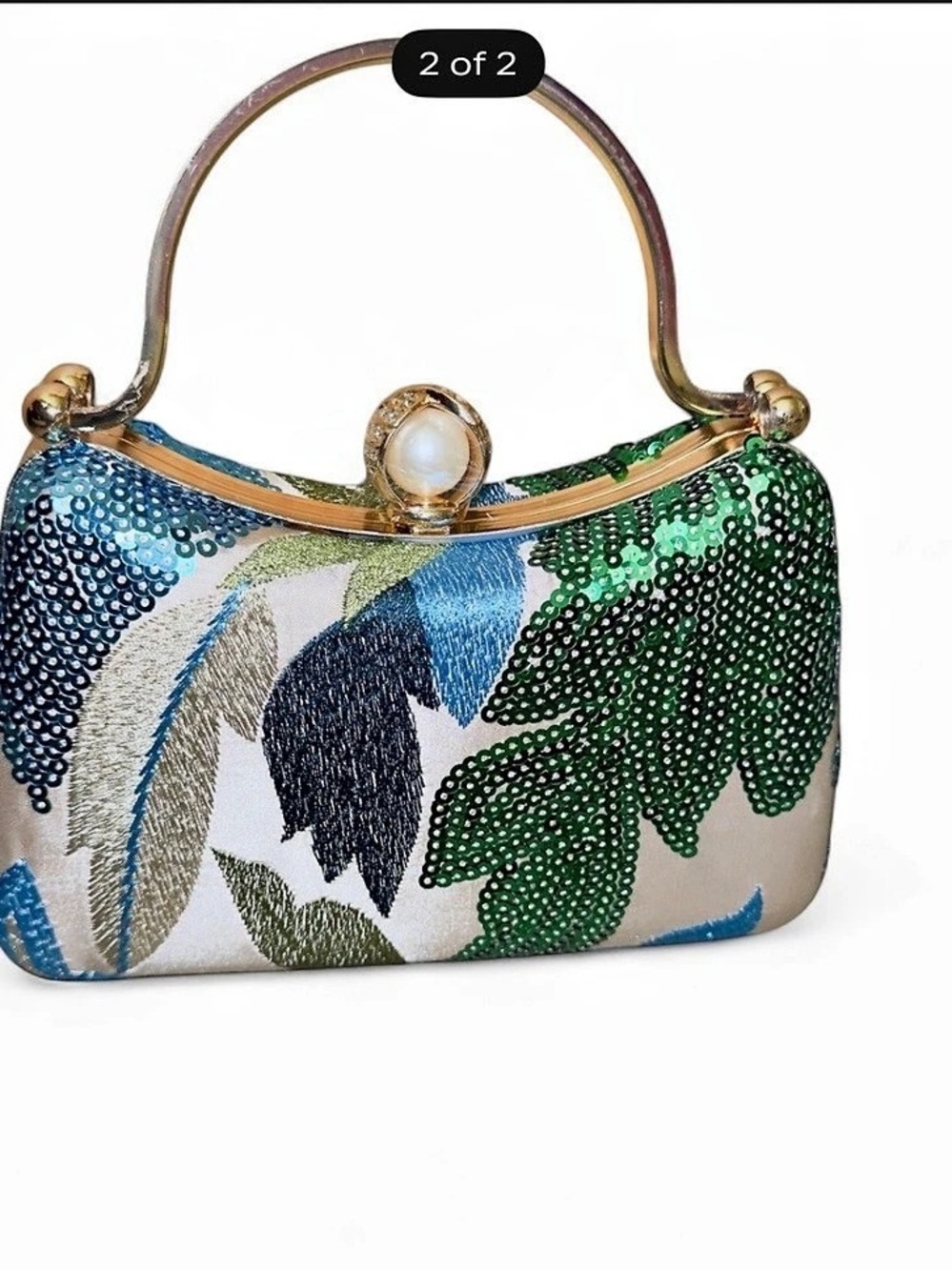 Floral Beaded Clutch in White & Green Like New